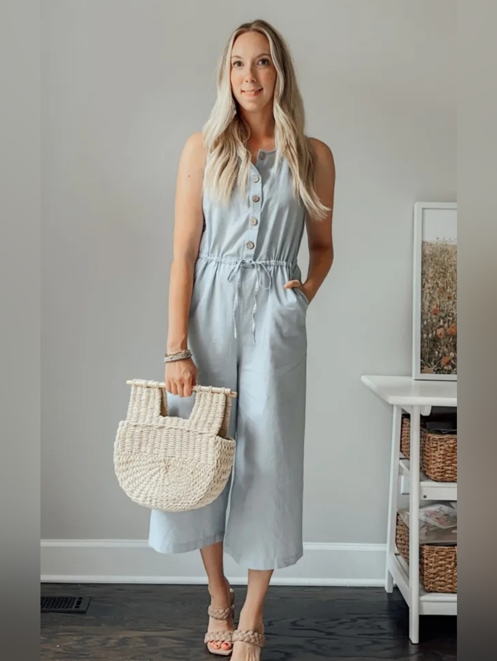 NWT Grae Cove Linen Blend Jumpsuit, Light Blue Fits Like 14/16